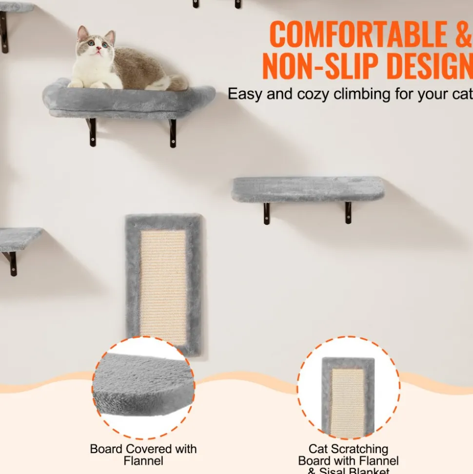 VEVOR Wall Mounted Cat Shelves, Cat Wall Shelves and Perches with Jumping Boards, Hammock, Sofa, Cat Tree & Cat Grip, Cat Furniture and Shelves up to 40 lbs for Sleeping, Playing, Climbing, Set of 6