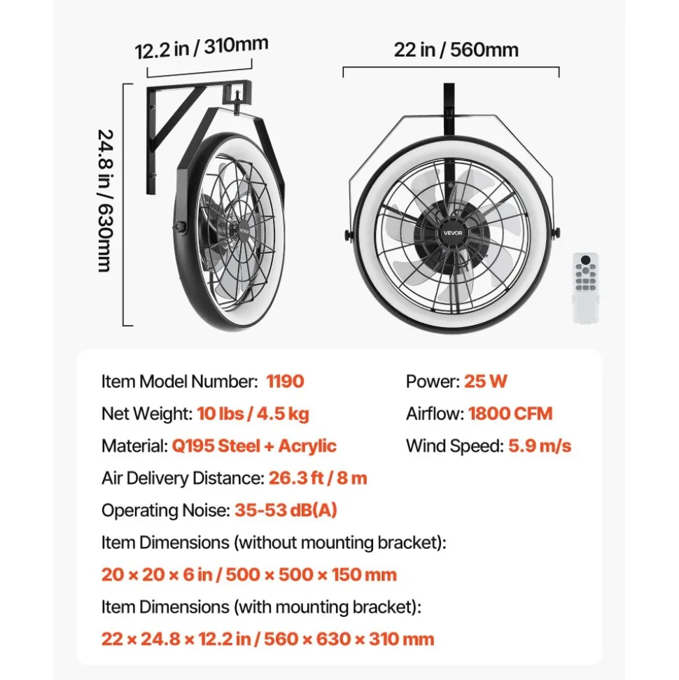 VEVOR Wall Mounted Fan with Lights, 22 inch Wall Mount Fan with Remote, 6 Speeds Plug in Wall Fan, Reversible, Dimmable 3-color Lighting, Timer, 360°Adjustable Tilt for Workshop, Patio, Home