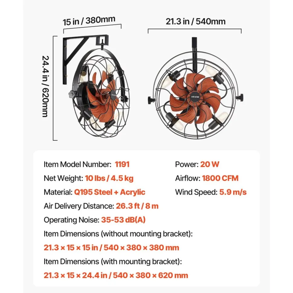 VEVOR Wall Mounted Fan with Lights, 21 inch Wall Mount Fan with Remote, 6 Speeds Plug in Wall Fan, Timer, 360°Adjustable Tilt for Bedroom,Garage,Workshop (Compatible 4 E26 Bulb Sockets,No Bulb)