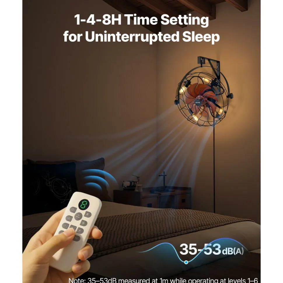 VEVOR Wall Mounted Fan with Lights, 21 inch Wall Mount Fan with Remote, 6 Speeds Plug in Wall Fan, Timer, 360°Adjustable Tilt for Bedroom,Garage,Workshop (Compatible 4 E26 Bulb Sockets,No Bulb)