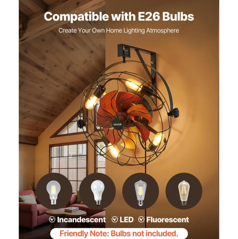 VEVOR Wall Mounted Fan with Lights, 21 inch Wall Mount Fan with Remote, 6 Speeds Plug in Wall Fan, Timer, 360°Adjustable Tilt for Bedroom,Garage,Workshop (Compatible 4 E26 Bulb Sockets,No Bulb)