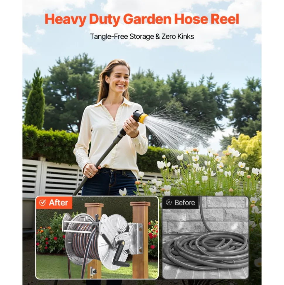 VEVOR Wall Mounted Garden Hose Reel, Holds 135 Feet of 5/8-inch Hose, Outdoor Heavy-Duty Waterhose Holder Winder, with Widened Top Tray, Aluminum Alloy Connector, Decorative Pattern, for Backyards