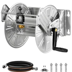 VEVOR Wall Mounted Garden Hose Reel, Holds 135 Feet of 5/8-inch Hose, Outdoor Heavy-Duty Waterhose Holder Winder, with Widened Top Tray, Aluminum Alloy Connector, Decorative Pattern, for Backyards