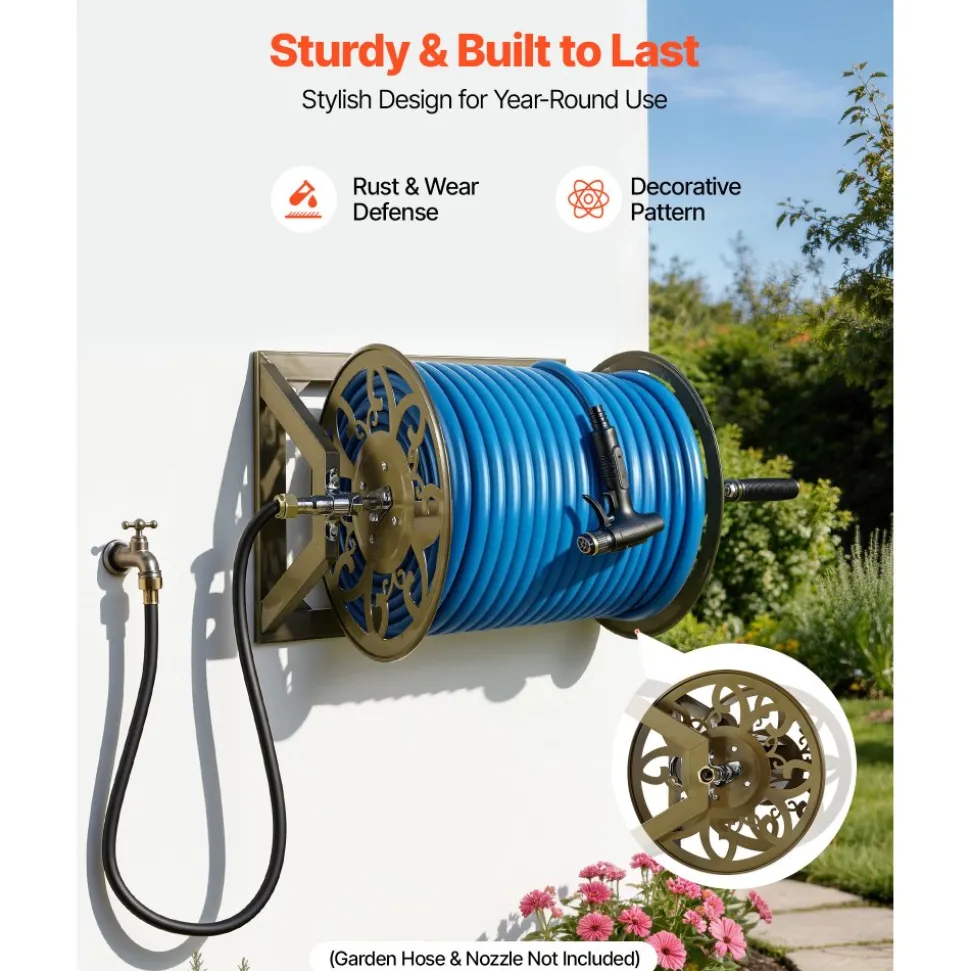VEVOR Wall Mounted Garden Hose Reel, Holds 200 Feet of 5/8-inch Hose, Outdoor Heavy-Duty Waterhose Holder Winder, with Brass Connector, Decorative Pattern, Bronze Finish, for Backyards and Gardens