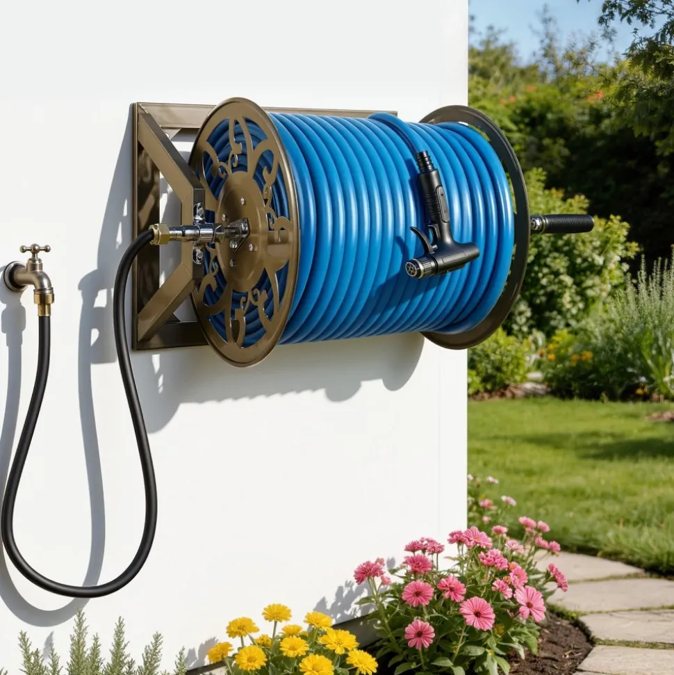 VEVOR Wall Mounted Garden Hose Reel, Holds 200 Feet of 5/8-inch Hose, Outdoor Heavy-Duty Waterhose Holder Winder, with Brass Connector, Decorative Pattern, Bronze Finish, for Backyards and Gardens