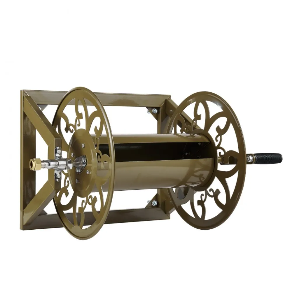 VEVOR Wall Mounted Garden Hose Reel, Holds 200 Feet of 5/8-inch Hose, Outdoor Heavy-Duty Waterhose Holder Winder, with Brass Connector, Decorative Pattern, Bronze Finish, for Backyards and Gardens