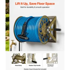 VEVOR Wall Mounted Garden Hose Reel, Holds 200 Feet of 5/8-inch Hose, Outdoor Heavy-Duty Waterhose Holder Winder, with Brass Connector, Decorative Pattern, Bronze Finish, for Backyards and Gardens