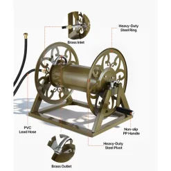 VEVOR Wall Mounted Garden Hose Reel, Holds 200 Feet of 5/8-inch Hose, Outdoor Heavy-Duty Waterhose Holder Winder, with Brass Connector, Decorative Pattern, Bronze Finish, for Backyards and Gardens