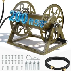 VEVOR Wall Mounted Garden Hose Reel, Holds 200 Feet of 5/8-inch Hose, Outdoor Heavy-Duty Waterhose Holder Winder, with Brass Connector, Decorative Pattern, Bronze Finish, for Backyards and Gardens