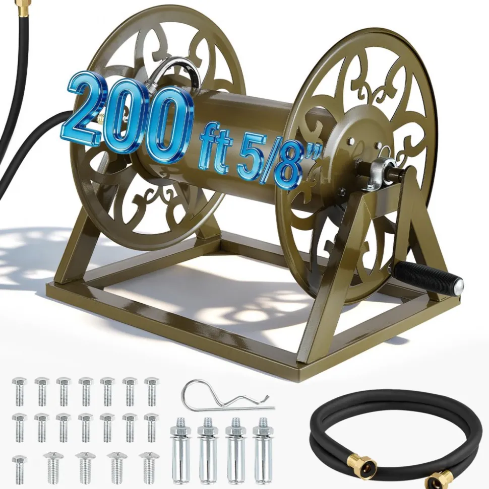 VEVOR Wall Mounted Garden Hose Reel, Holds 200 Feet of 5/8-inch Hose, Outdoor Heavy-Duty Waterhose Holder Winder, with Brass Connector, Decorative Pattern, Bronze Finish, for Backyards and Gardens