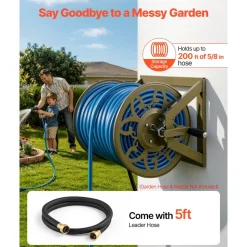 VEVOR Wall Mounted Garden Hose Reel, Holds 200 Feet of 5/8-inch Hose, Outdoor Heavy-Duty Waterhose Holder Winder, with Brass Connector, Decorative Pattern, Bronze Finish, for Backyards and Gardens