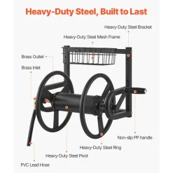 VEVOR Wall Mounted Garden Hose Reel, Holds 125 ft 5/8-inch Hose, Heavy-Duty Water Hose Winder, Space-Saving Design, Outdoor Manual Reel with Brass Fitting and Storage Basket for Yard Lawn