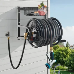 VEVOR Wall Mounted Garden Hose Reel, Holds 125 ft 5/8-inch Hose, Heavy-Duty Water Hose Winder, Space-Saving Design, Outdoor Manual Reel with Brass Fitting and Storage Basket for Yard Lawn