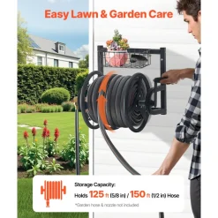 VEVOR Wall Mounted Garden Hose Reel, Holds 200 ft 5/8-inch Manual Water Hose Winder, Heavy-Duty Steel, Outdoor Reel with Brass Fitting & 5ft Leader Hose, Space Saving, for Yard Lawn Garage