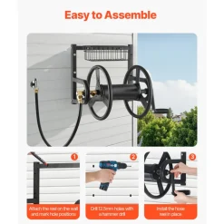 VEVOR Wall Mounted Garden Hose Reel, Holds 200 ft 5/8-inch Manual Water Hose Winder, Heavy-Duty Steel, Outdoor Reel with Brass Fitting & 5ft Leader Hose, Space Saving, for Yard Lawn Garage