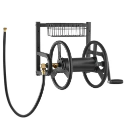 VEVOR Wall Mounted Garden Hose Reel, Holds 200 ft 5/8-inch Manual Water Hose Winder, Heavy-Duty Steel, Outdoor Reel with Brass Fitting & 5ft Leader Hose, Space Saving, for Yard Lawn Garage