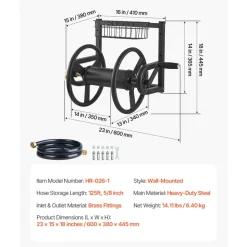 VEVOR Wall Mounted Garden Hose Reel, Holds 200 ft 5/8-inch Manual Water Hose Winder, Heavy-Duty Steel, Outdoor Reel with Brass Fitting & 5ft Leader Hose, Space Saving, for Yard Lawn Garage