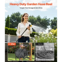 VEVOR Wall Mounted Garden Hose Reel, Holds 200 ft 5/8-inch Manual Water Hose Winder, Heavy-Duty Steel, Outdoor Reel with Brass Fitting & 5ft Leader Hose, Space Saving, for Yard Lawn Garage
