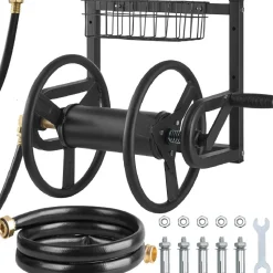 VEVOR Wall Mounted Garden Hose Reel, Holds 200 ft 5/8-inch Manual Water Hose Winder, Heavy-Duty Steel, Outdoor Reel with Brass Fitting & 5ft Leader Hose, Space Saving, for Yard Lawn Garage