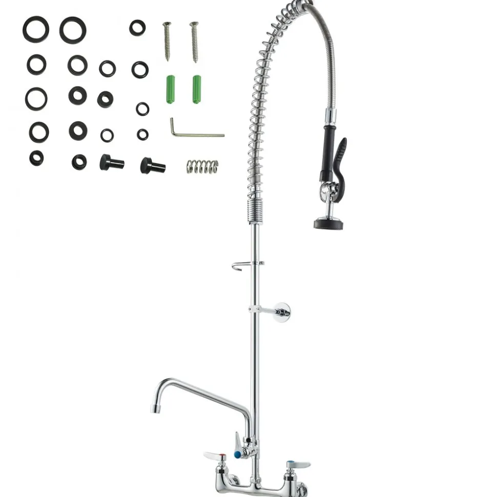 VEVOR Wall-Mounted Kitchen Faucet, 25" Tall, 8" Center Distance, 12" Rotatable Spout, Includes Pre-Rinse Spray, Brass Build, Pull-Down Feature, Suitable for Multi-Compartment Sinks