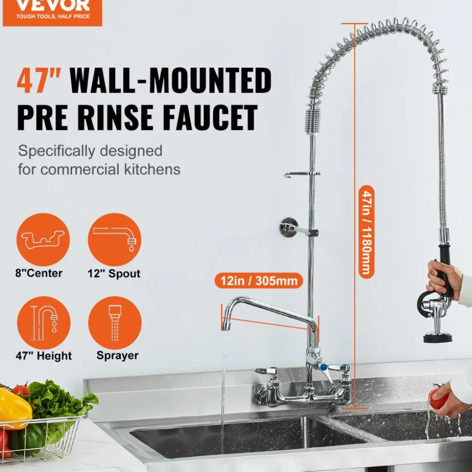 VEVOR Wall-Mounted Kitchen Faucet, 25" Tall, 8" Center Distance, 12" Rotatable Spout, Includes Pre-Rinse Spray, Brass Build, Pull-Down Feature, Suitable for Multi-Compartment Sinks