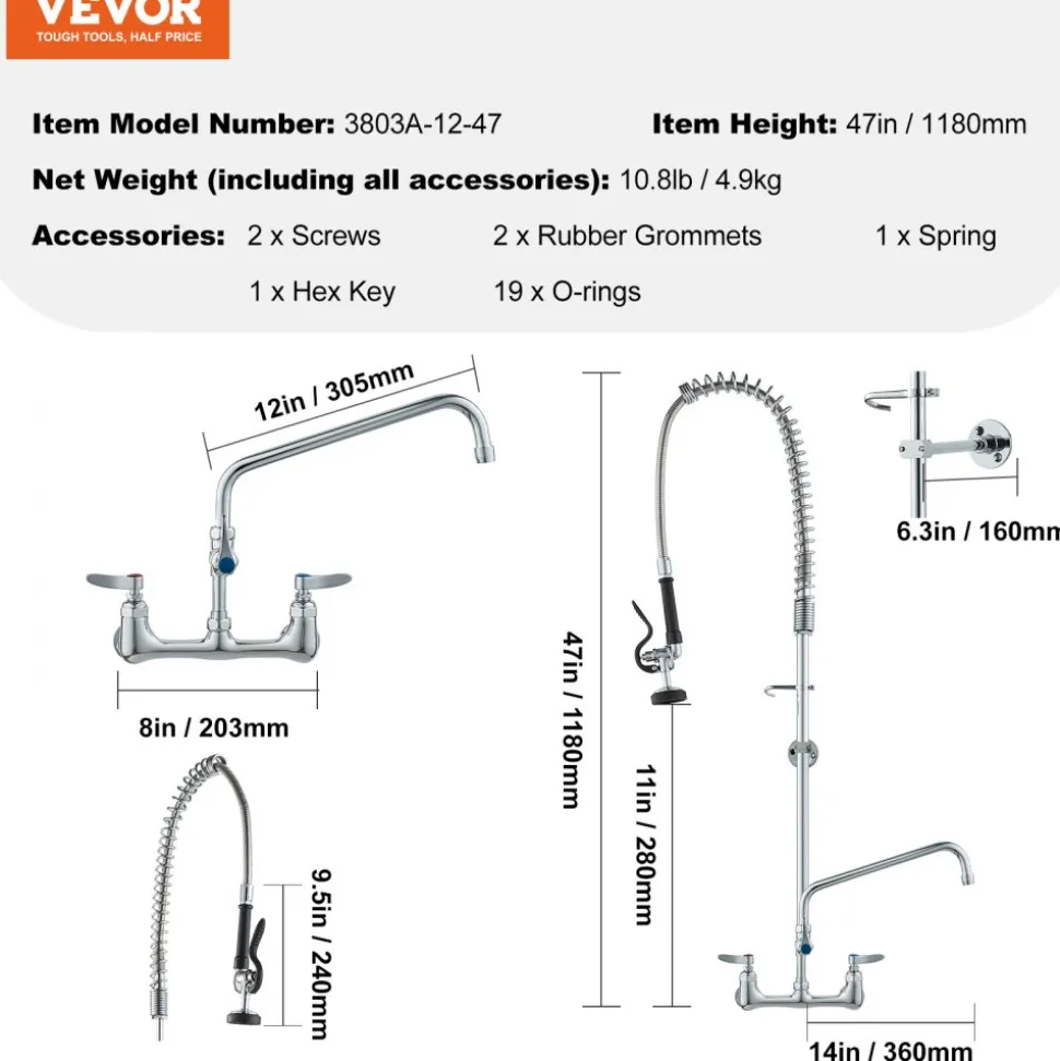 VEVOR Wall-Mounted Kitchen Faucet, 25" Tall, 8" Center Distance, 12" Rotatable Spout, Includes Pre-Rinse Spray, Brass Build, Pull-Down Feature, Suitable for Multi-Compartment Sinks