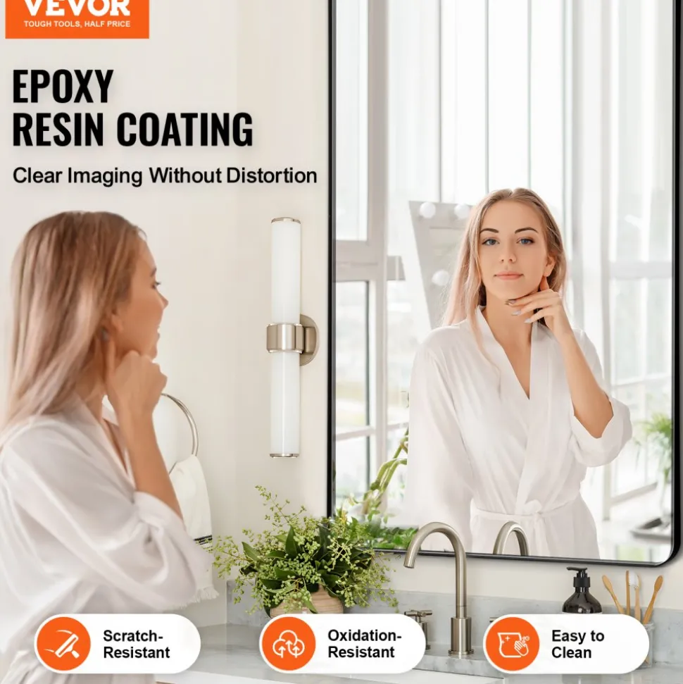 VEVOR Wall Mounted Makeup Mirror, 0.15" Thick, 30 in Mirror with Aluminium Alloy Frame & Explosion-Proof Film, Scratch-Resistant Mirror with Z-Shaped Bracket, Fit for Bathroom/Bedroom/Living Room