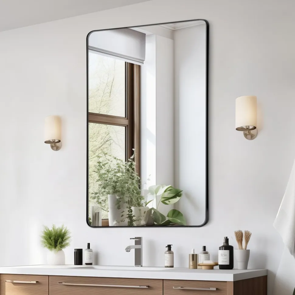 VEVOR Wall Mounted Makeup Mirror, 0.15" Thick, 30 in Mirror with Aluminium Alloy Frame & Explosion-Proof Film, Scratch-Resistant Mirror with Z-Shaped Bracket, Fit for Bathroom/Bedroom/Living Room