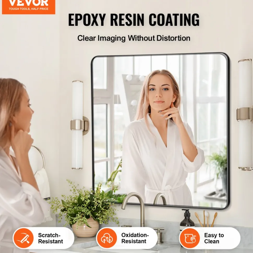 VEVOR Wall Mounted Makeup Mirror, 0.15" Thick, 22" x 30" Mirror with Aluminium Alloy Frame & Explosion-Proof Film, Scratch-Resistant Mirror with Z-Shaped Bracket, Fit for Bathroom/Bedroom/Living Room