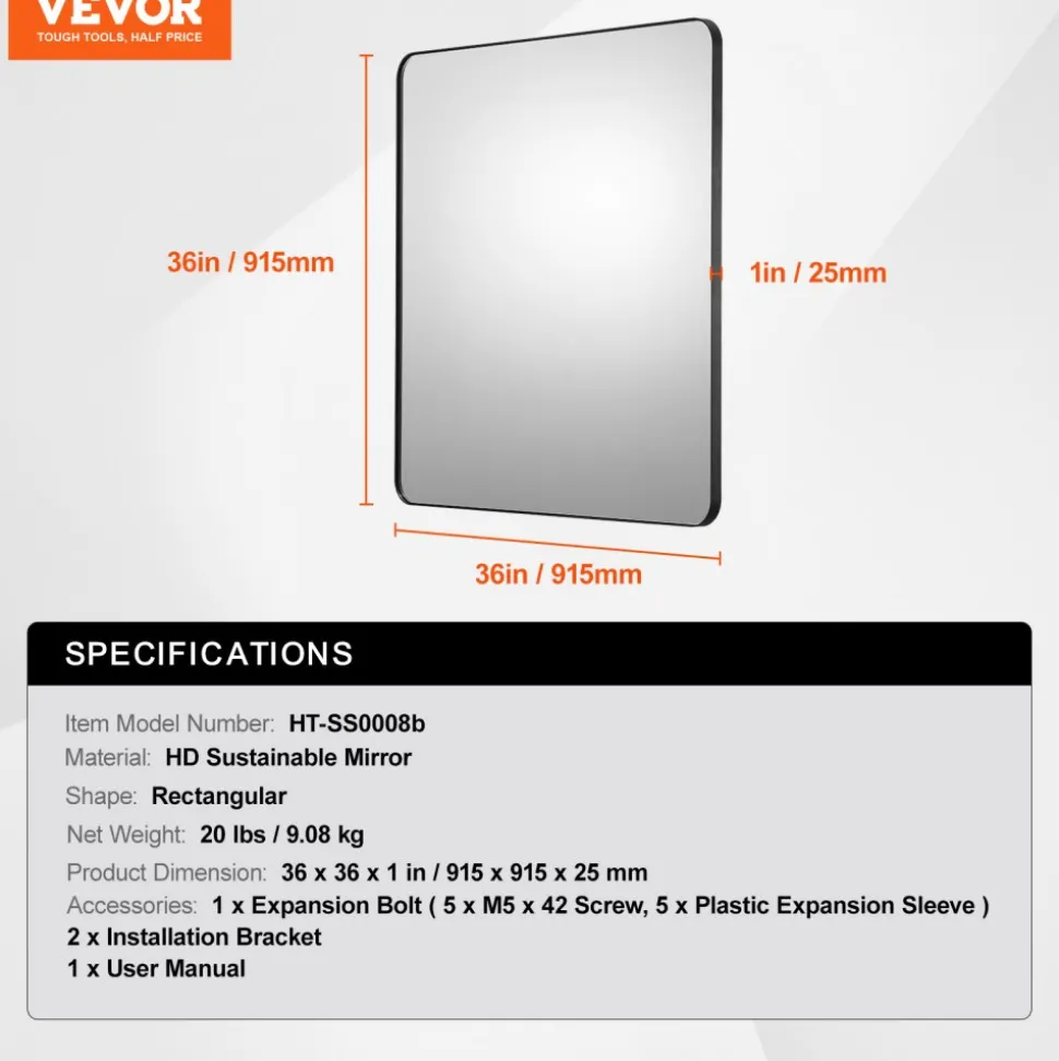 VEVOR Wall Mounted Makeup Mirror, 0.15" Thick, 22" x 30" Mirror with Aluminium Alloy Frame & Explosion-Proof Film, Scratch-Resistant Mirror with Z-Shaped Bracket, Fit for Bathroom/Bedroom/Living Room