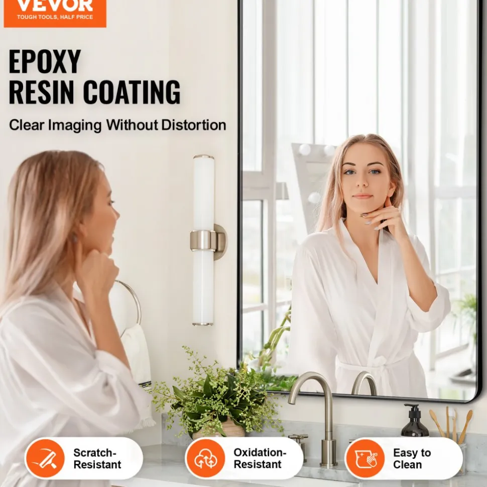 VEVOR Wall Mounted Makeup Mirror, 0.15" Thick, 28" x 60" Mirror with Aluminium Alloy Frame & Explosion-Proof Film, Scratch-Resistant Mirror with Z-Shaped Bracket, Fit for Bathroom/Bedroom/Living Room