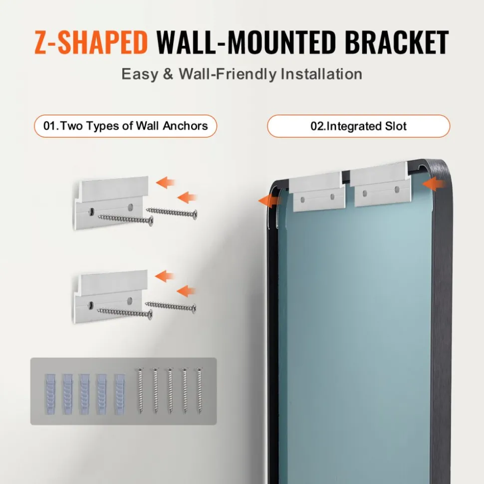 VEVOR Wall Mounted Makeup Mirror, 0.15" Thick, 28" x 60" Mirror with Aluminium Alloy Frame & Explosion-Proof Film, Scratch-Resistant Mirror with Z-Shaped Bracket, Fit for Bathroom/Bedroom/Living Room