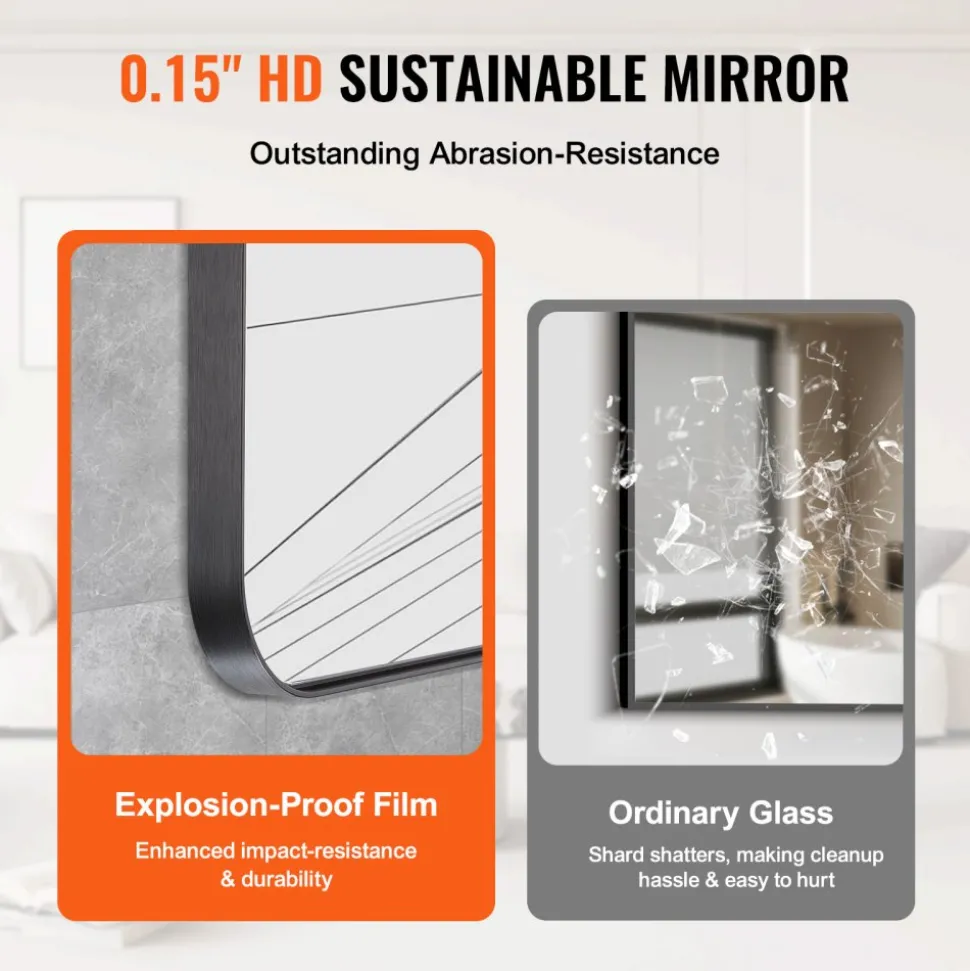 VEVOR Wall Mounted Makeup Mirror, 0.15" Thick, 24" x 36" Mirror with Aluminium Alloy Frame & Explosion-Proof Film, Scratch-Resistant Mirror with Z-Shaped Bracket, Fit for Bathroom/Bedroom/Living Room