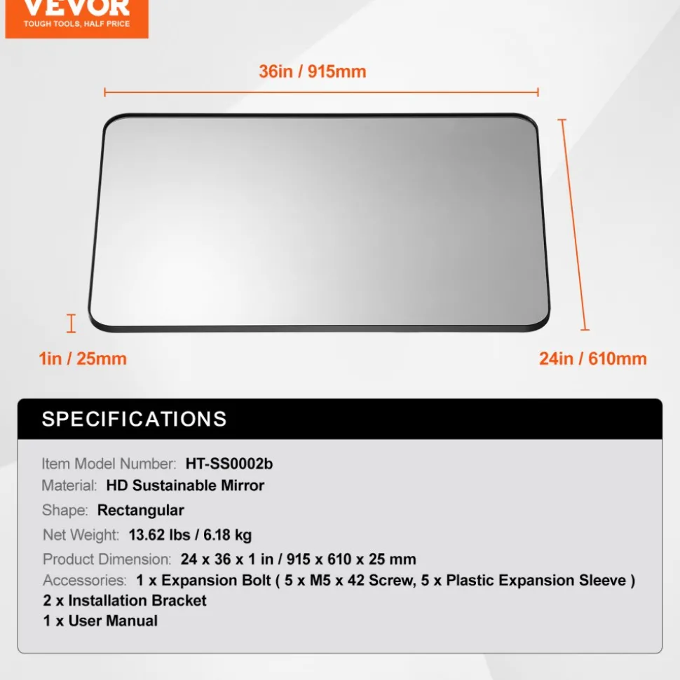 VEVOR Wall Mounted Makeup Mirror, 0.15" Thick, 24" x 36" Mirror with Aluminium Alloy Frame & Explosion-Proof Film, Scratch-Resistant Mirror with Z-Shaped Bracket, Fit for Bathroom/Bedroom/Living Room