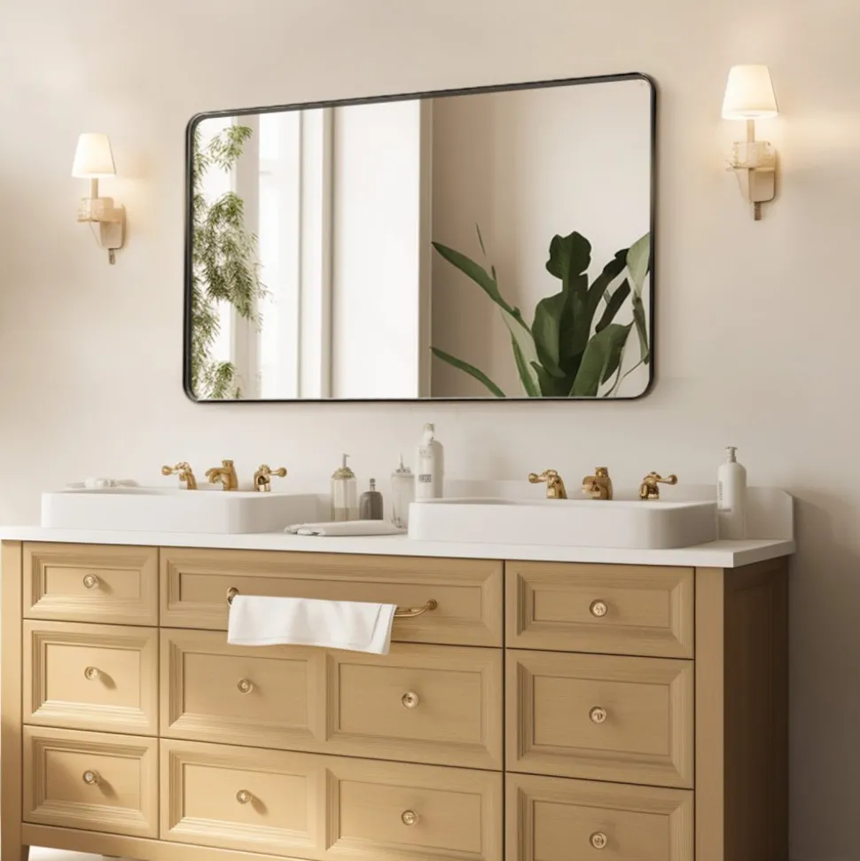VEVOR Wall Mounted Makeup Mirror, 0.15" Thick, 24" x 36" Mirror with Aluminium Alloy Frame & Explosion-Proof Film, Scratch-Resistant Mirror with Z-Shaped Bracket, Fit for Bathroom/Bedroom/Living Room