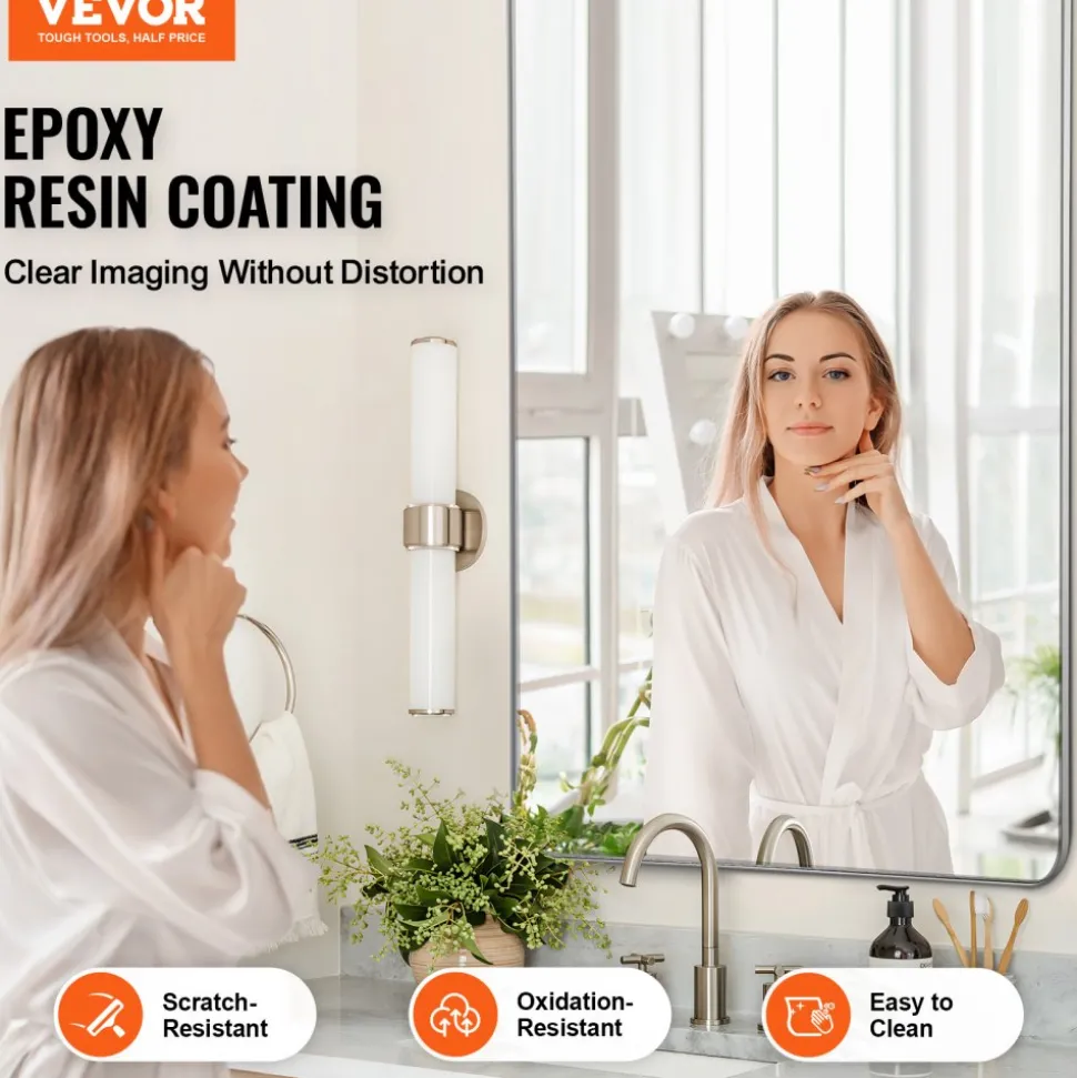 VEVOR Wall Mounted Makeup Mirror, 0.15" Thick, 36" x 48" Mirror with Aluminium Alloy Frame & Explosion-Proof Film, Scratch-Resistant Mirror with Z-Shaped Bracket, Fit for Bathroom/Bedroom/Living Room