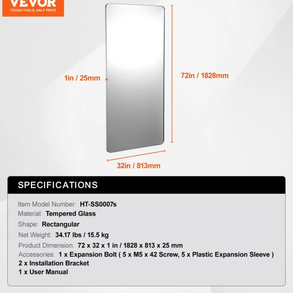 VEVOR Wall Mounted Makeup Mirror, 0.15" Thick, 36" x 48" Mirror with Aluminium Alloy Frame & Explosion-Proof Film, Scratch-Resistant Mirror with Z-Shaped Bracket, Fit for Bathroom/Bedroom/Living Room