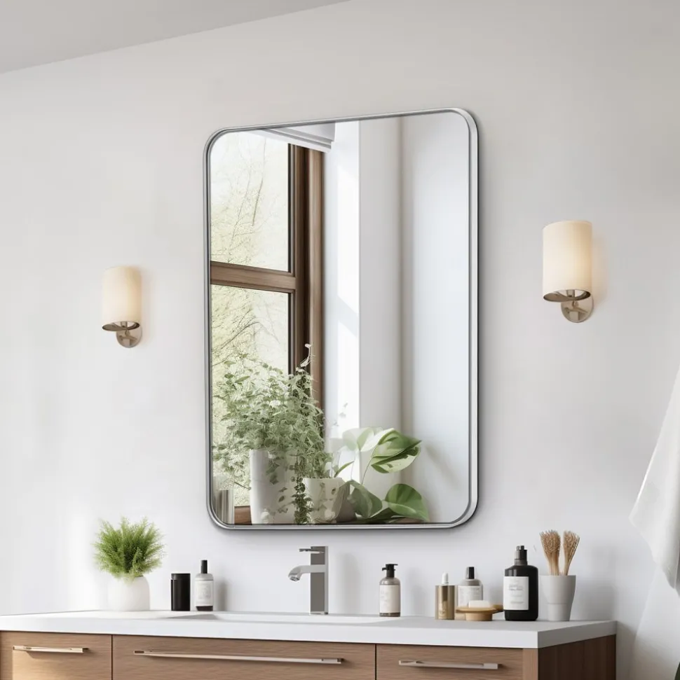 VEVOR Wall Mounted Makeup Mirror, 0.15" Thick, 22" x 30" Mirror with Aluminium Alloy Frame & Explosion-Proof Film, Scratch-Resistant Mirror with Z-Shaped Bracket, Fit for Bathroom/Bedroom/Living Room