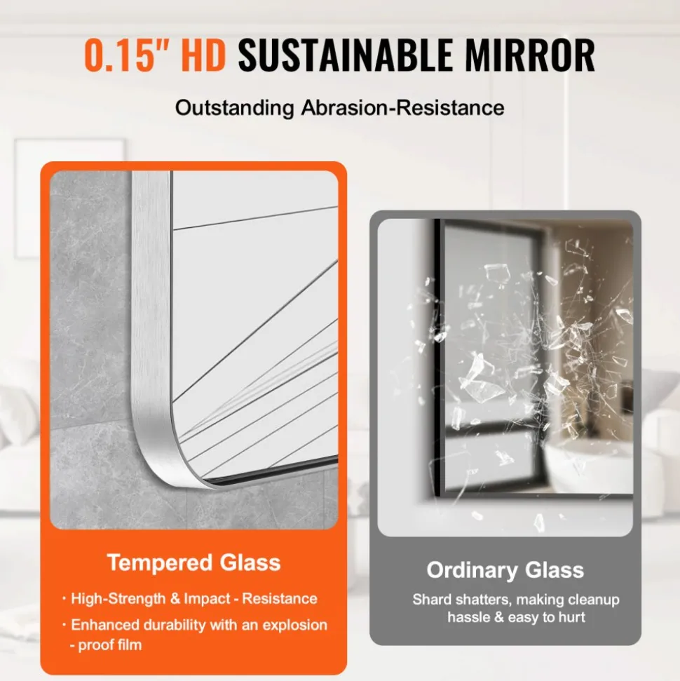 VEVOR Wall Mounted Makeup Mirror, 0.15" Thick, 22" x 30" Mirror with Aluminium Alloy Frame & Explosion-Proof Film, Scratch-Resistant Mirror with Z-Shaped Bracket, Fit for Bathroom/Bedroom/Living Room