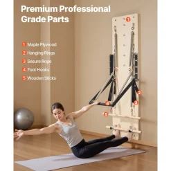 VEVOR Wall Mounted Pilates Reformer Machine, Maple Wood Pilates Springboard, Exercise Equipment with Resistance Springs, Yoga Fitness Trainer, Suitable for Flexibility Balance, Home Gym Studio Workout