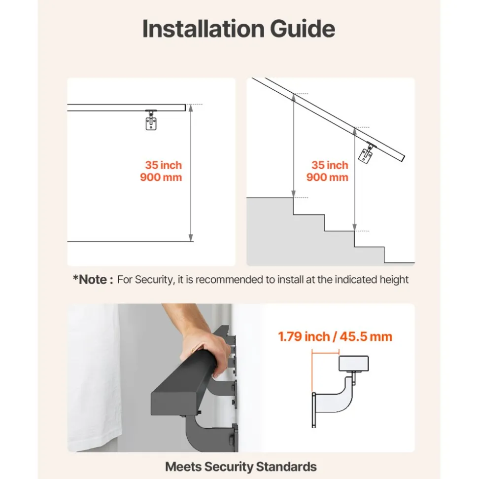 VEVOR Wall Mounted Stair Handrail, 15ft Black Aluminum Staircase Handrail Indoor, 250lbs Load Capacity, Industrial Railing Hand Rail for Steps, Square Tube for Loft Porch Deck, 6 Sections