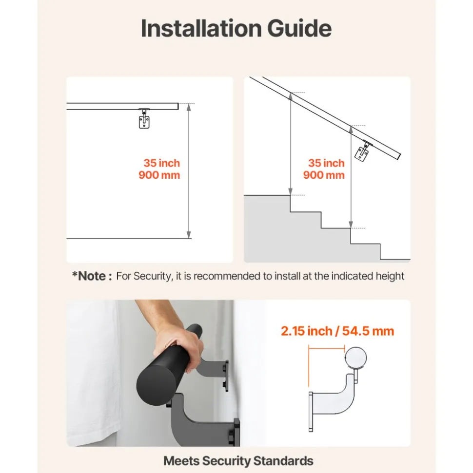 VEVOR Wall Mounted Stair Handrail, 10ft Pipe Staircase Handrail, Black Galvanized Aluminum, 1.26 inch Pipe Diameter, Indoor&Outdoor Staircase Railing,Industrial Hand Rail for Steps,Security Baluster