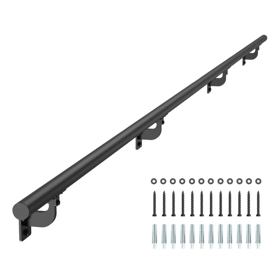 VEVOR Wall Mounted Stair Handrail, 10ft Pipe Staircase Handrail, Black Galvanized Aluminum, 1.26 inch Pipe Diameter, Indoor&Outdoor Staircase Railing,Industrial Hand Rail for Steps,Security Baluster