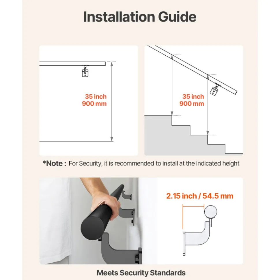 VEVOR Wall Mounted Stair Handrail, 6ft Pipe Staircase Handrail, Black Galvanized Aluminum, 1.26 inch Pipe Diameter, Indoor&Outdoor Staircase Railing,Industrial Hand Rail for Steps,Security Baluster