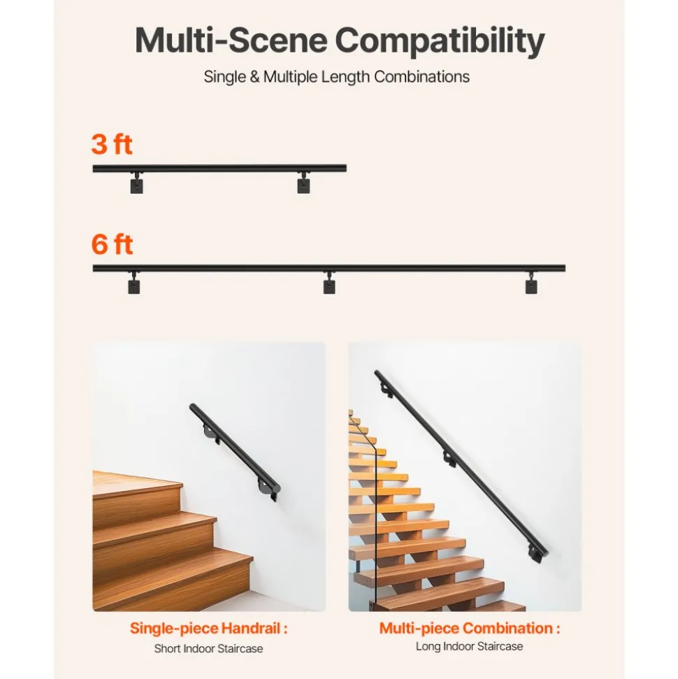 VEVOR Wall Mounted Stair Handrail, 6ft Pipe Staircase Handrail, Black Galvanized Aluminum, 1.26 inch Pipe Diameter, Indoor&Outdoor Staircase Railing,Industrial Hand Rail for Steps,Security Baluster