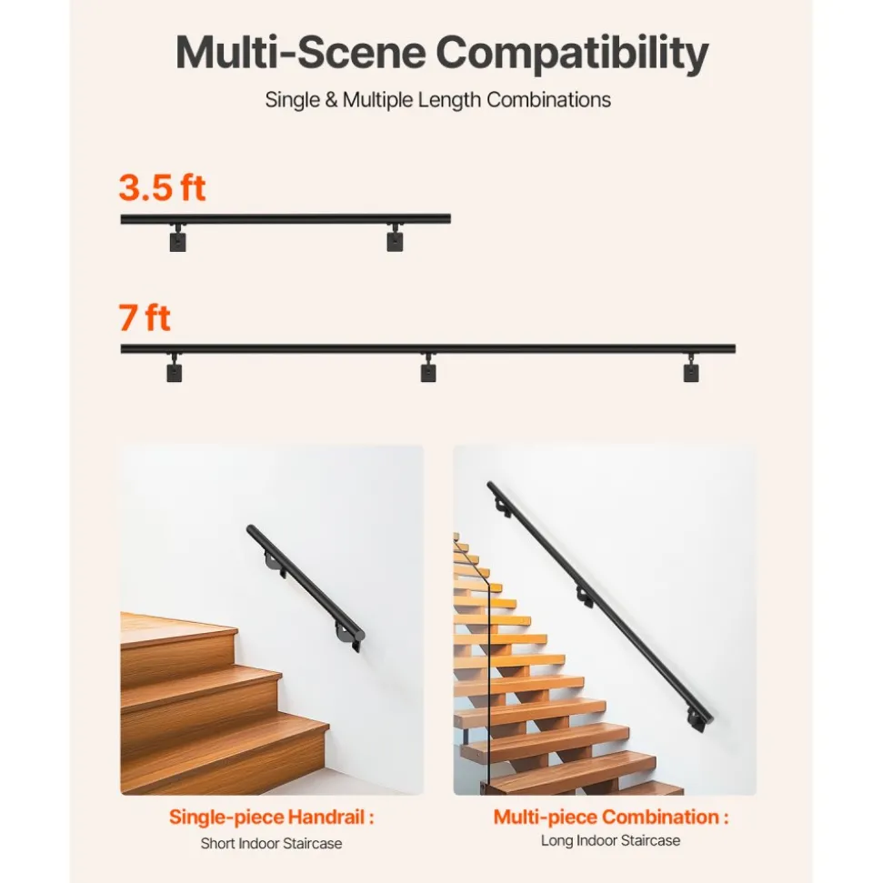 VEVOR Wall Mounted Stair Handrail, 7ft Pipe Staircase Handrail, Black Galvanized Aluminum, 1.26 inch Pipe Diameter, Indoor&Outdoor Staircase Railing,Industrial Hand Rail for Steps,Security Baluster
