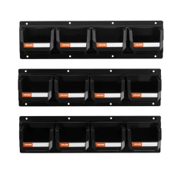 VEVOR Wall Mounted Storage Bins, 12 Plastic Bins & 3 Metal Rails, Plastic Hanging Stackable Storage Bin for Screws, Nuts, Bolts, Nails, Hardware Tool Organizer for Workshop, Craft Room, Garage, Black