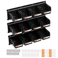 VEVOR Wall Mounted Storage Bins, 12 Plastic Bins & 3 Metal Rails, Plastic Hanging Stackable Storage Bin for Screws, Nuts, Bolts, Nails, Hardware Tool Organizer for Workshop, Craft Room, Garage, Black
