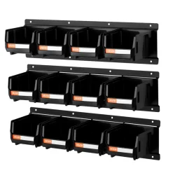 VEVOR Wall Mounted Storage Bins, 12 Plastic Bins & 3 Metal Rails, Plastic Hanging Stackable Storage Bin for Screws, Nuts, Bolts, Nails, Hardware Tool Organizer for Workshop, Craft Room, Garage, Black