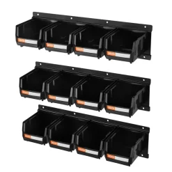VEVOR Wall Mounted Storage Bins, 12 Plastic Bins & 3 Metal Rails, Plastic Hanging Stackable Storage Bin for Screws, Nuts, Bolts, Nails, Hardware Tool Organizer for Workshop, Craft Room, Garage, Black